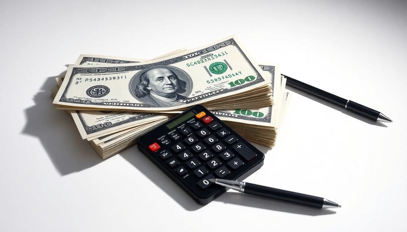A photorealistic studio still life featuring a stack of U.S. dollar bills, a calculator, and a pen, symbolizing the serious financial consequences of payroll tax fraud.