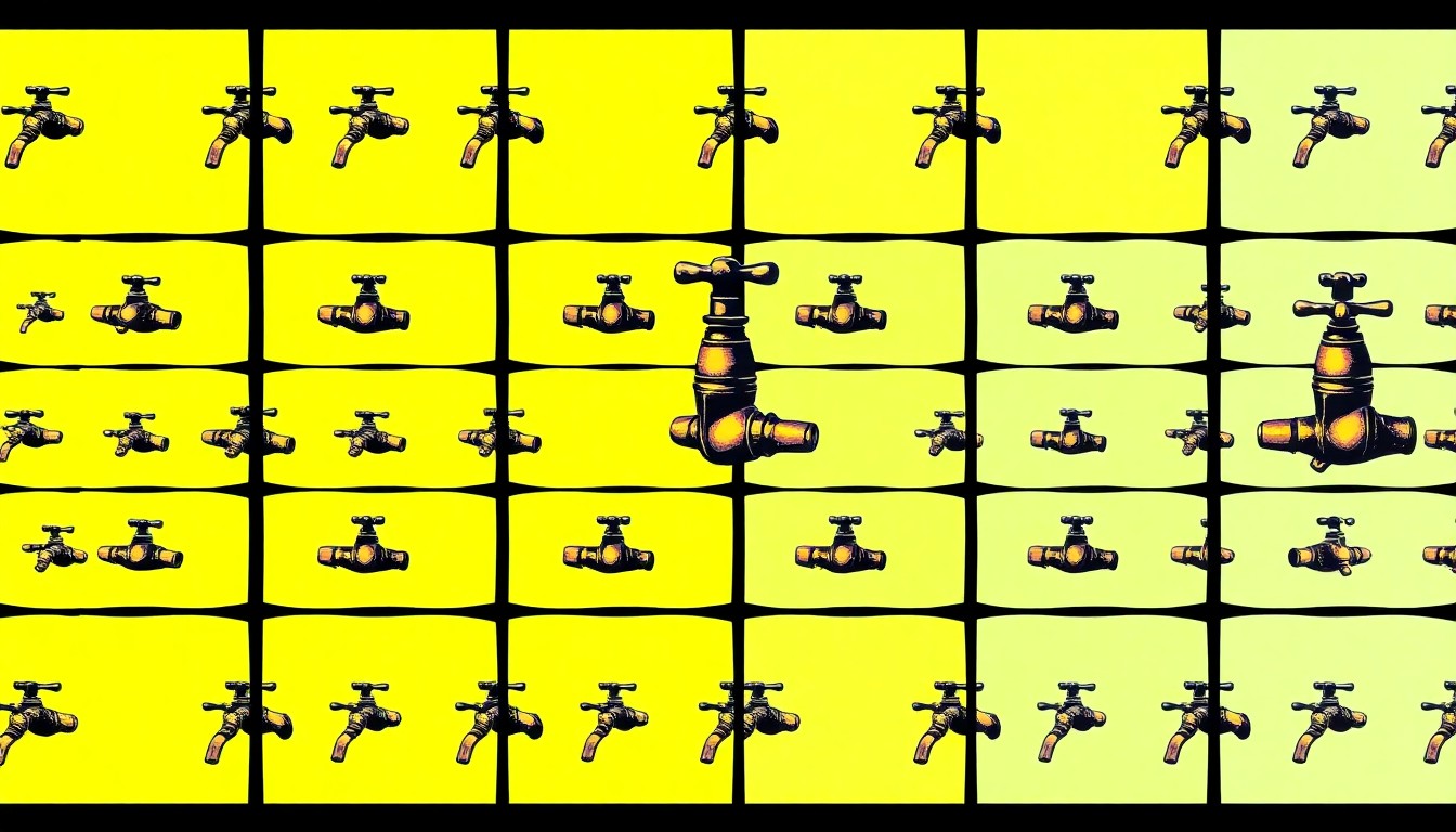 A brightly colored, high-contrast silkscreen print of a water faucet or pipe repeated in a tight grid pattern, conceptually representing the essential utilities work overseen by the honored public servant.