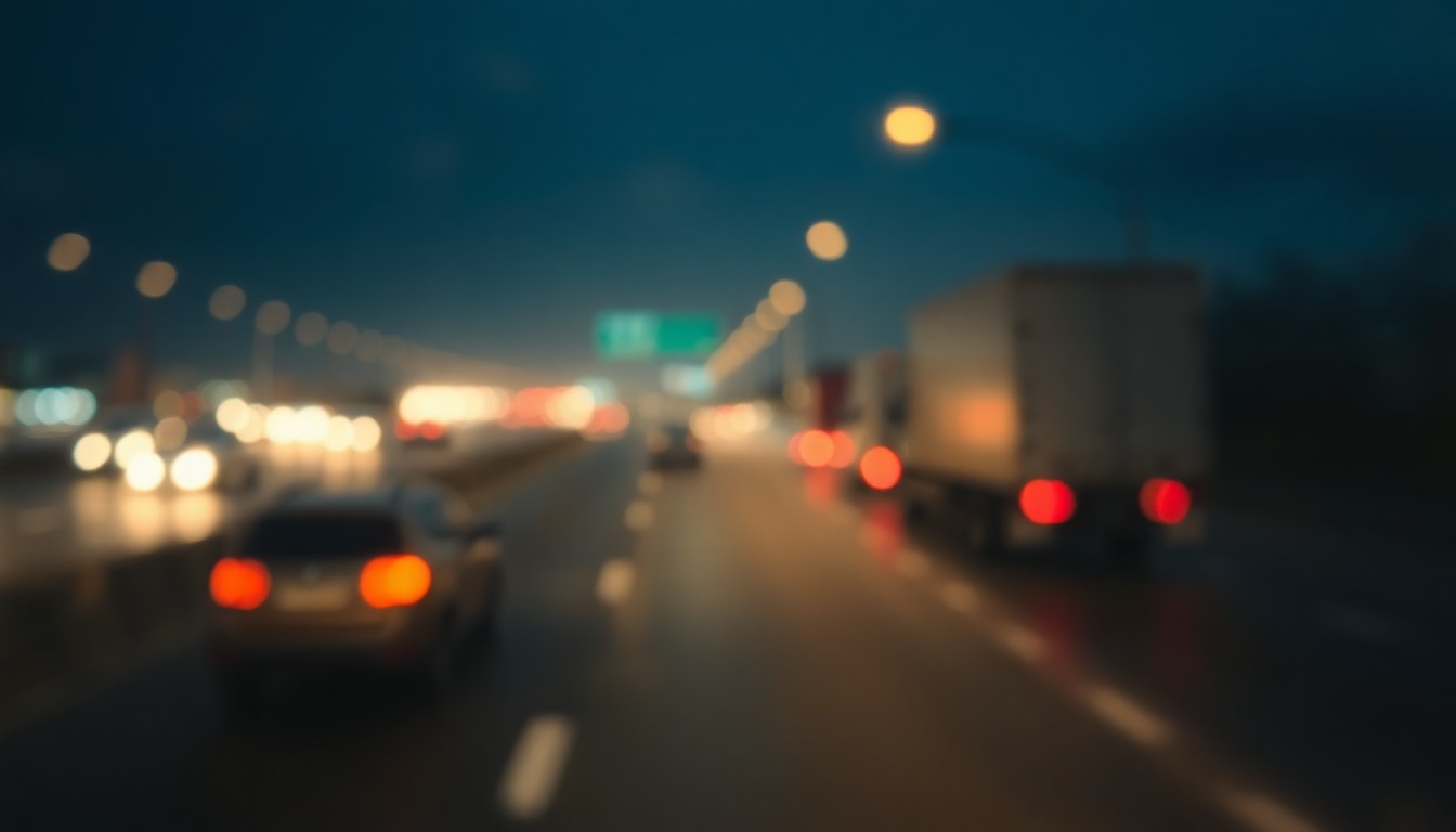 An abstract, impressionistic photograph of blurred car lights moving along a highway at night, captured through a rain-streaked windshield in a soft, warm color palette.