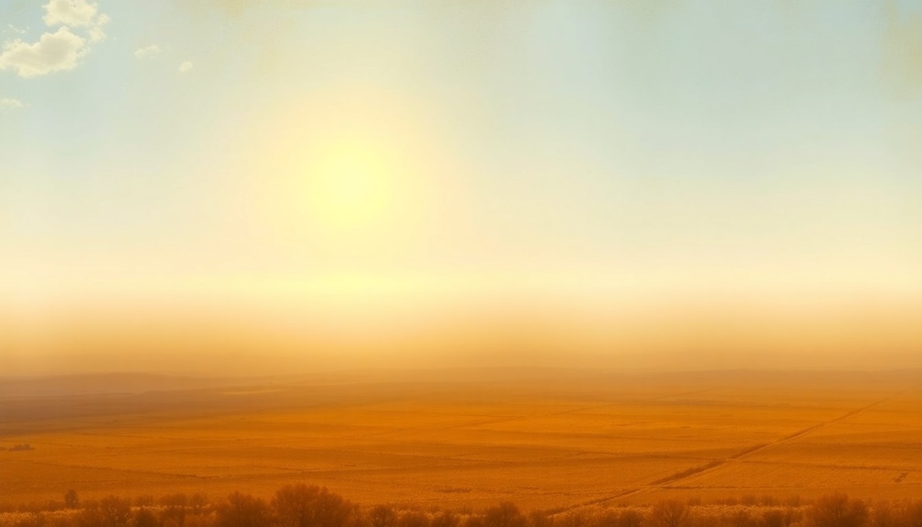 A vast, atmospheric landscape painting in muted tones of gold, ochre, and pale blue, with a shimmering heat haze obscuring the distant horizon and dwarfing any small structures or objects in the foreground, conveying a sense of the overwhelming scale and power of nature.