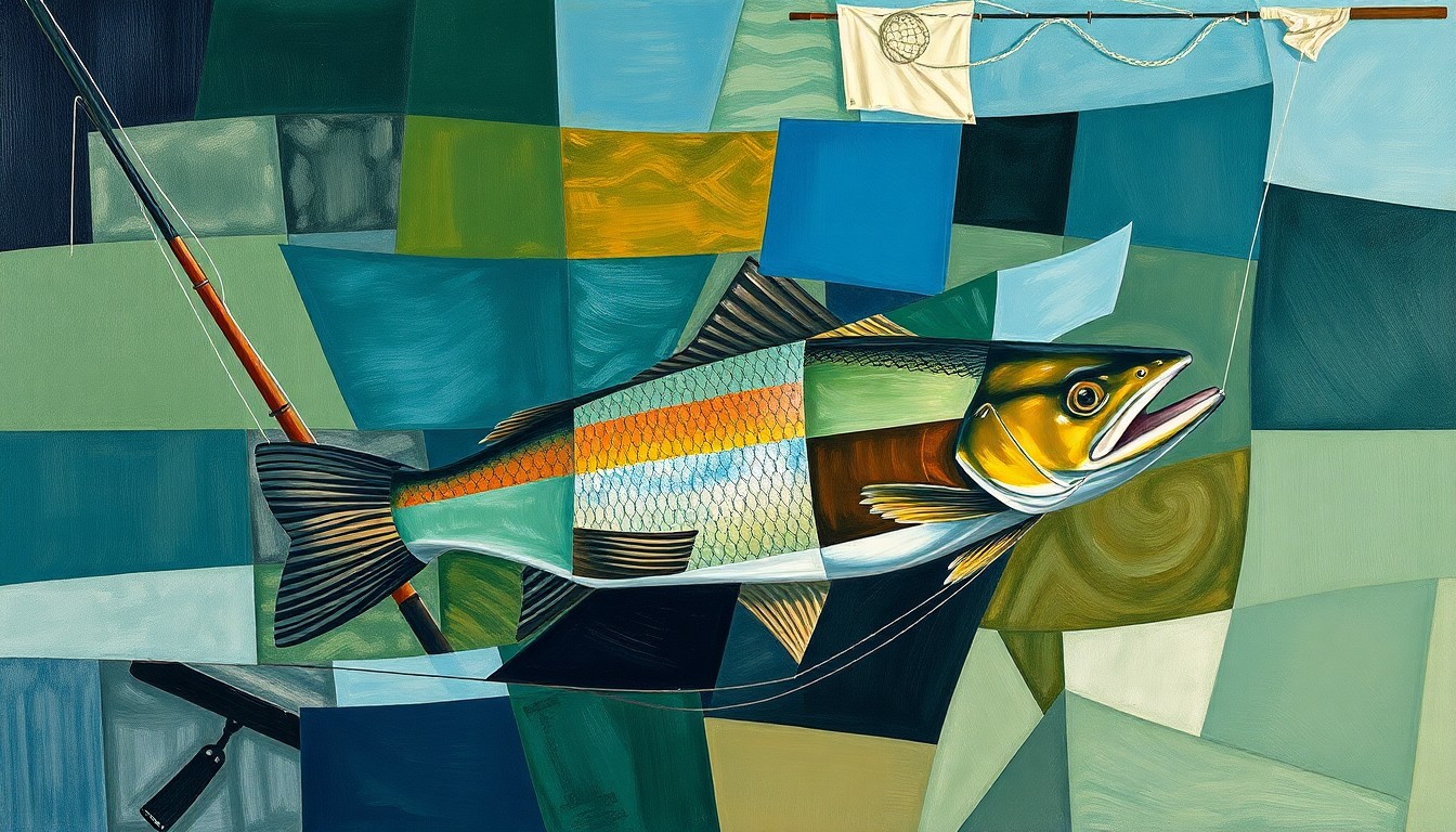 An abstract, cubist-style painting depicting the fragmented forms of a fishing rod, net, and a large fish against a backdrop of rippling water, conveying the joy and sense of accomplishment associated with the Michigan Master Angler program.