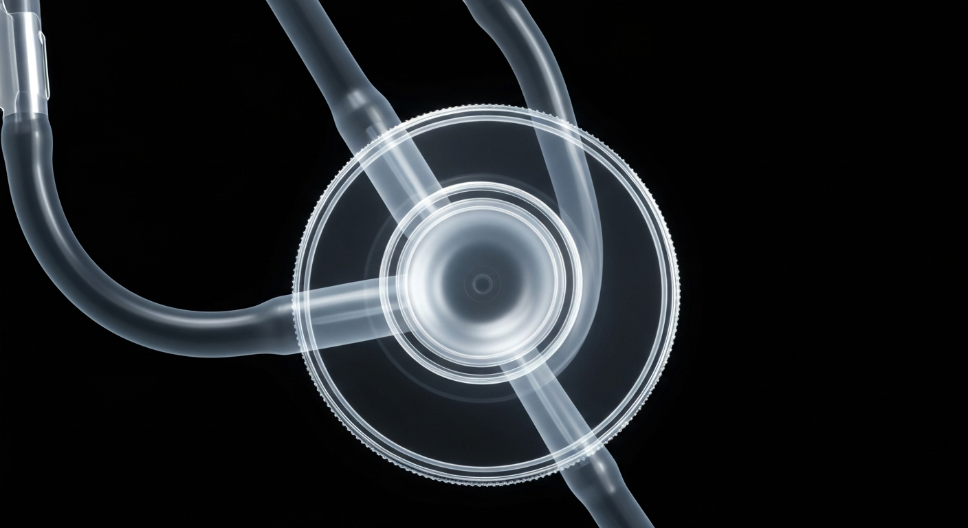 An abstract, ghostly X-ray image showing the internal components of a stethoscope, conceptually representing the complexities of the US health care system.