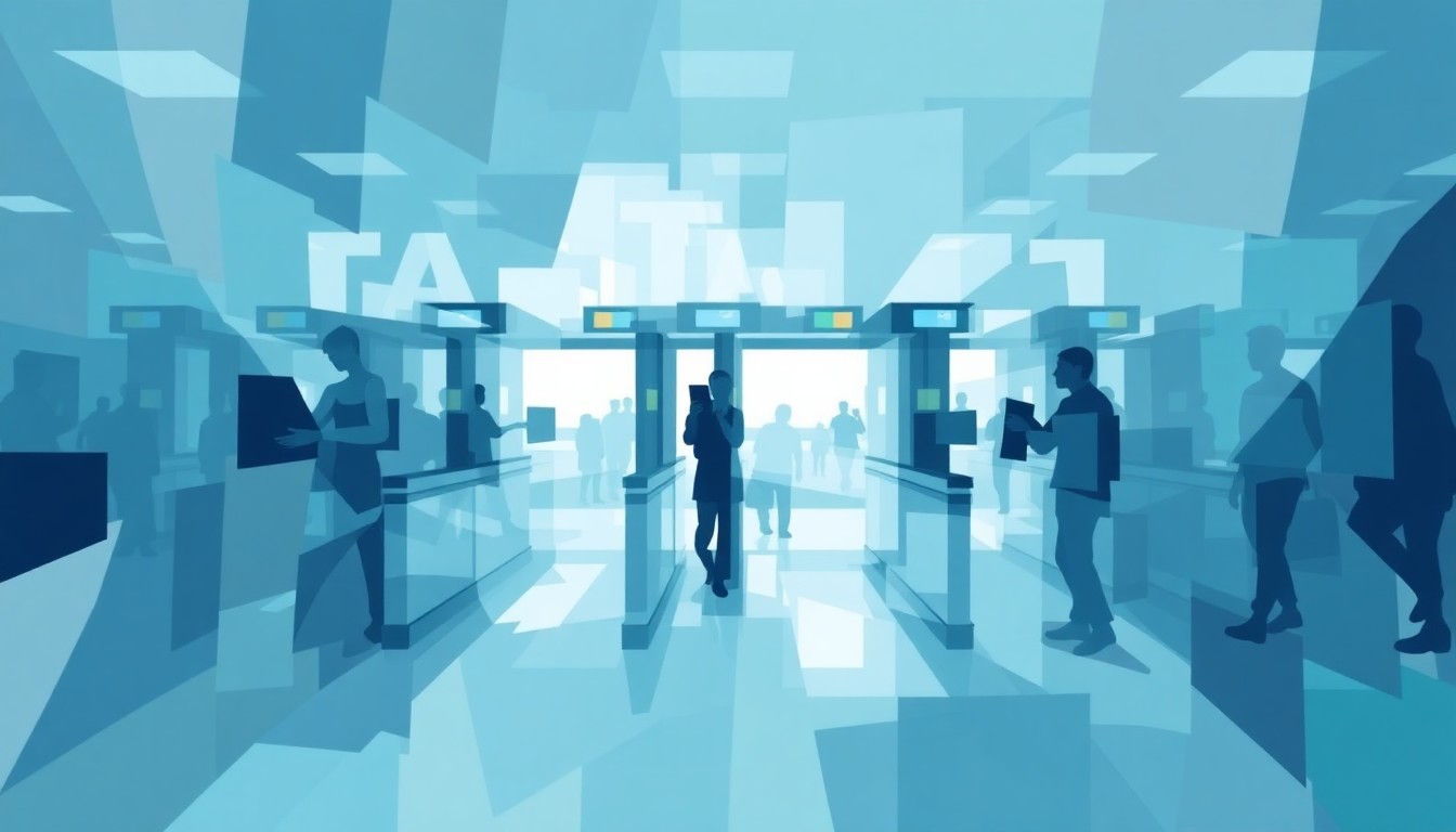 A fractured, overlapping geometric painting of a TSA security checkpoint, with the image repeated and distorted in waves of muted blues, greys, and greens to convey a sense of motion and disruption.