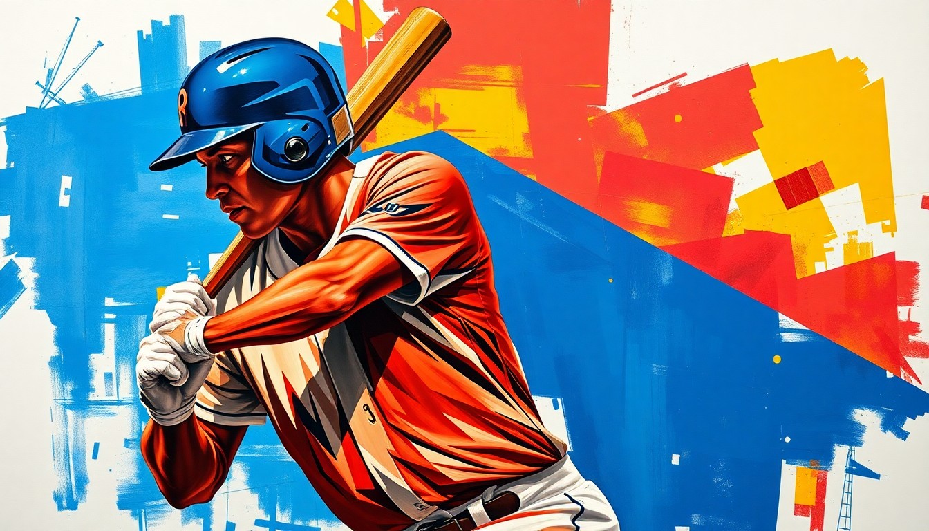 A cubist, geometric painting depicting a baseball player in motion, with their body and equipment broken down into sharp, overlapping shapes and planes in a vibrant color palette.