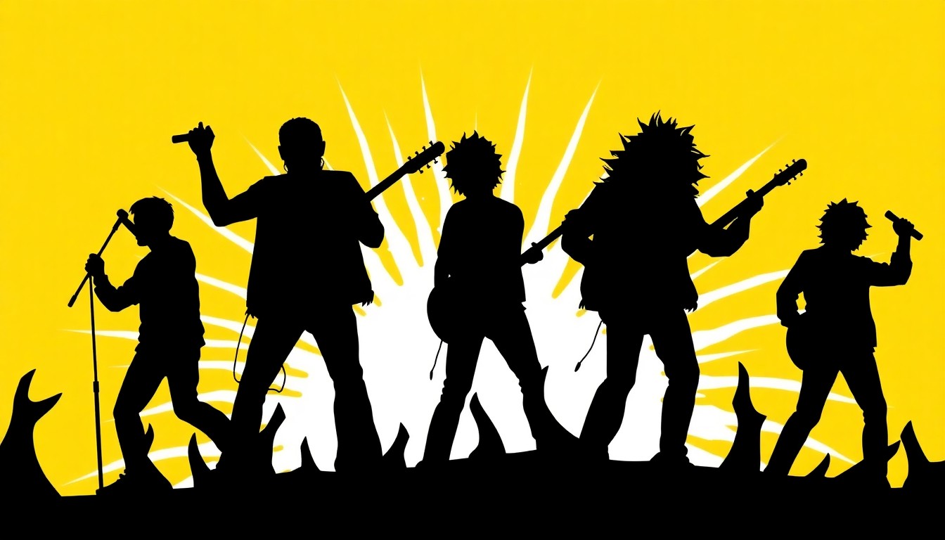 An abstract, minimalist illustration featuring sharp, jagged black shapes against a vibrant, high-contrast background, capturing the dynamic energy of a live indie rock performance.