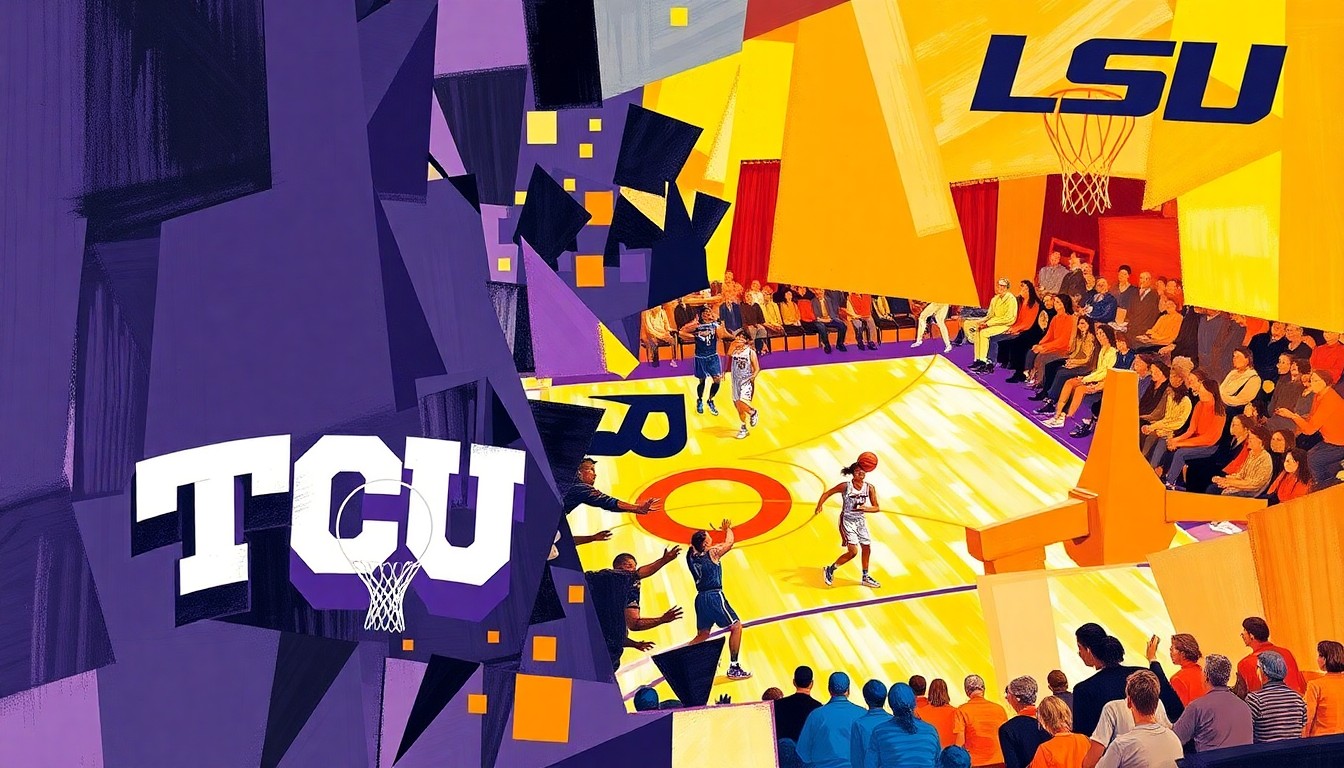 A cubist-style painting depicting fragmented, overlapping geometric shapes in the official colors of TCU and LSU, conceptually representing the dynamic action of a women's basketball game.