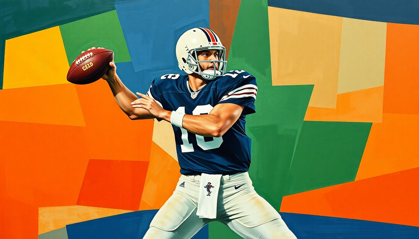 A fragmented, geometric painting depicting the overlapping planes and angles of a quarterback's throwing motion, rendered in a cubist style using navy, green, and orange tones to conceptually represent the Giants' depth at the quarterback position.