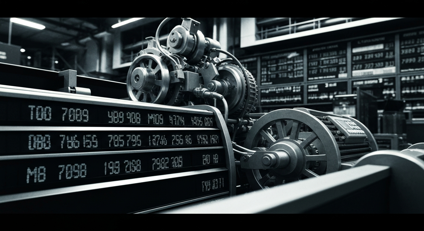 A close-up, high-contrast image of intricate financial machinery and mechanisms, conveying the power and complexity of modern finance without any text or identifiable branding.