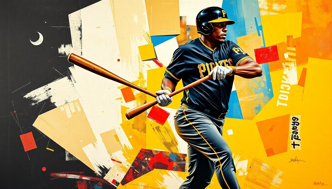 A fractured, multi-perspective painting depicting the dynamic batting and baserunning motions of Pittsburgh Pirates outfielder Oneil Cruz, rendered in a cubist style with sharp, overlapping geometric planes and vibrant team colors.