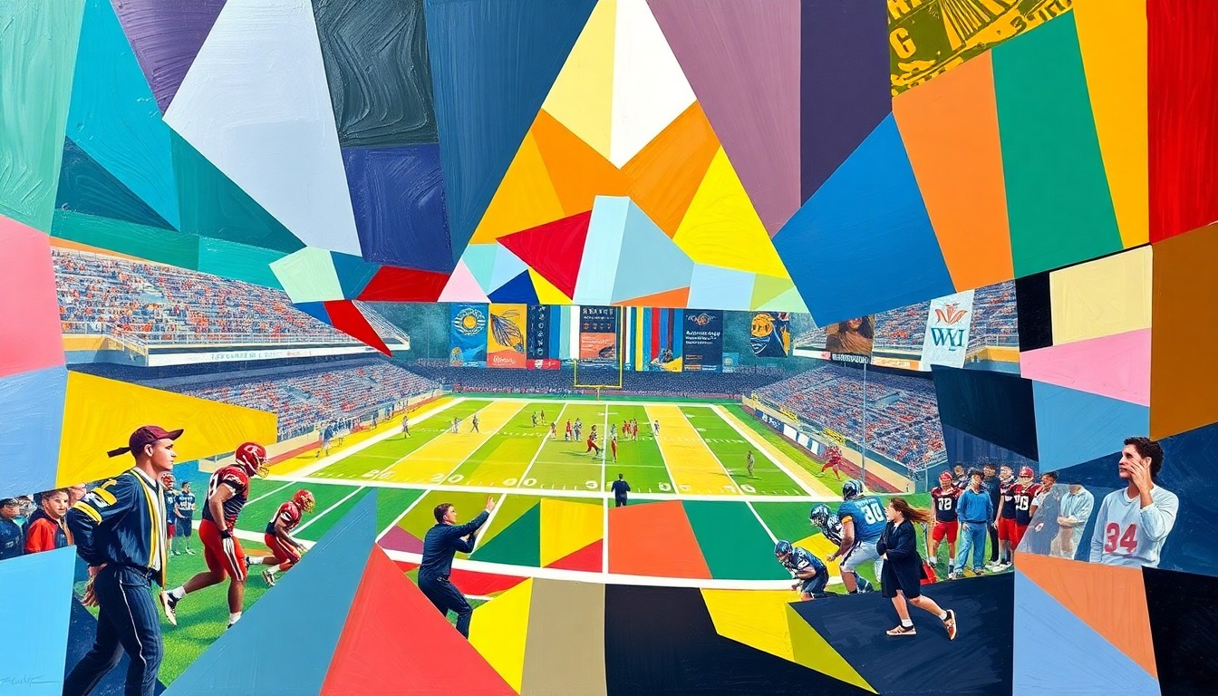 A cubist-style painting featuring sharp, overlapping geometric shapes and planes in vibrant colors, conceptually representing the action and energy of a high school football game.