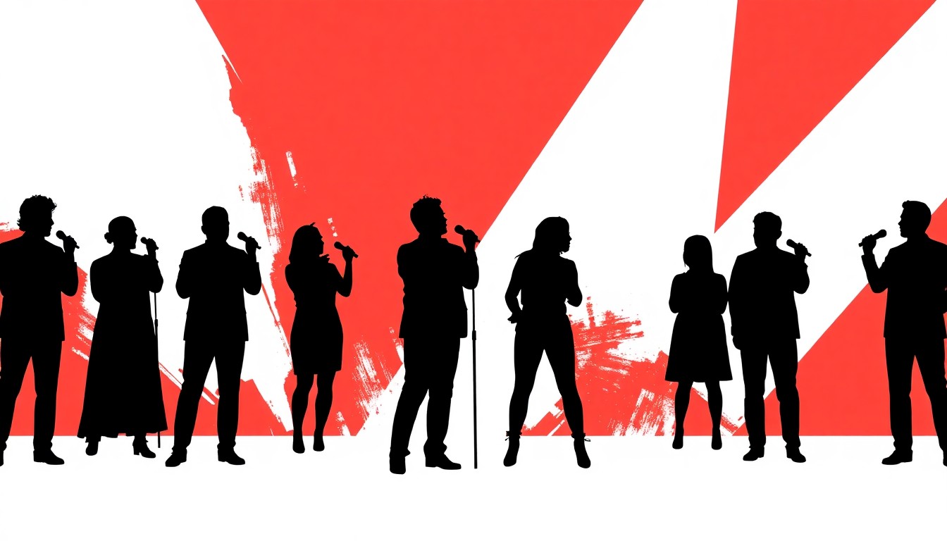 An abstract, minimalist illustration featuring bold black silhouettes of microphones and musical notes against a vibrant red background, capturing the excitement and drama of a singing competition show.