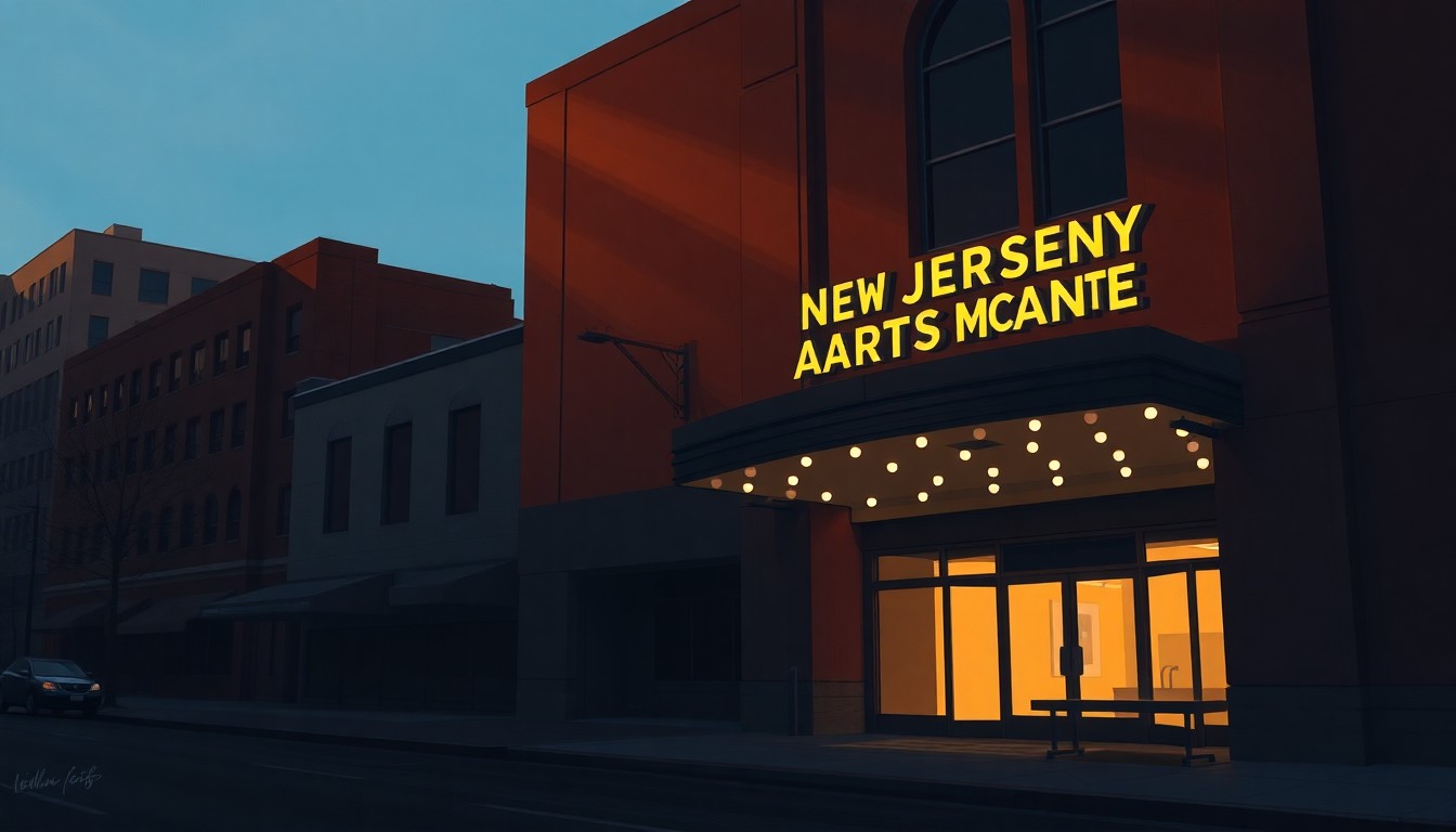 A photorealistic painting of the exterior of a large, classical performing arts center in warm, golden sunlight, with deep shadows across the facade, conveying a sense of civic pride and political importance.