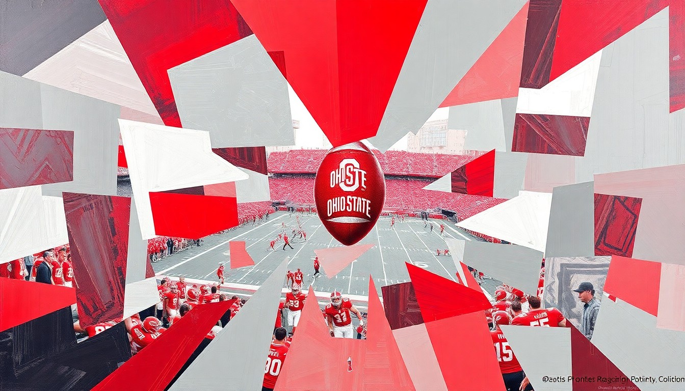 A cubist, geometric painting in shades of scarlet and gray, breaking down an Ohio State football scene into fragmented, overlapping shapes and planes.