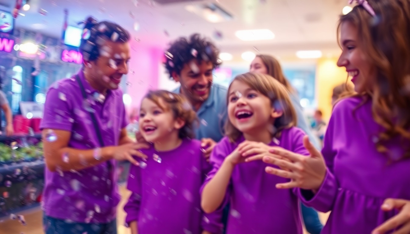 An abstract, impressionistic scene of blurred figures in purple clothing bowling together, conveying a sense of warmth, community, and celebration.