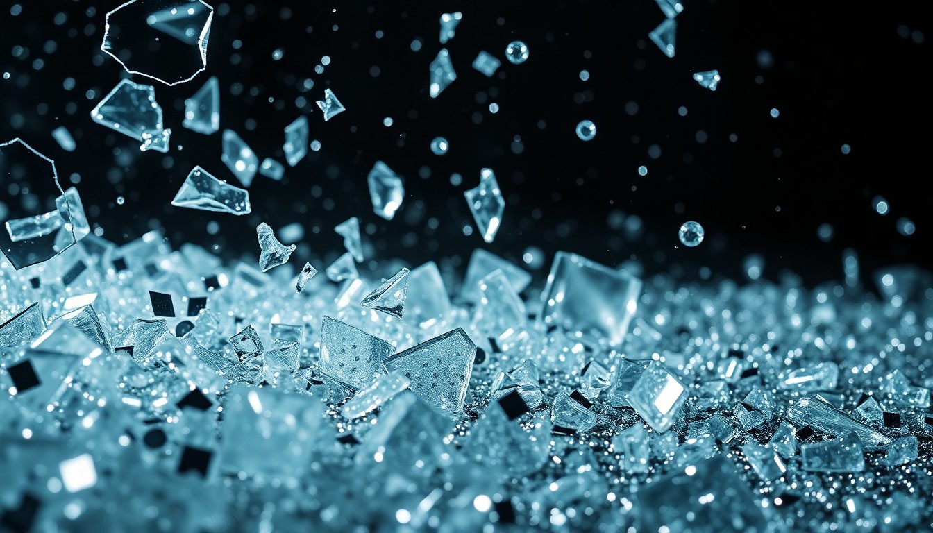 An extreme, abstract close-up photograph of shattered glass and glittering sequins in dramatic, high-contrast studio lighting, conceptually representing the glamour and spectacle of the Marvel Cinematic Universe.