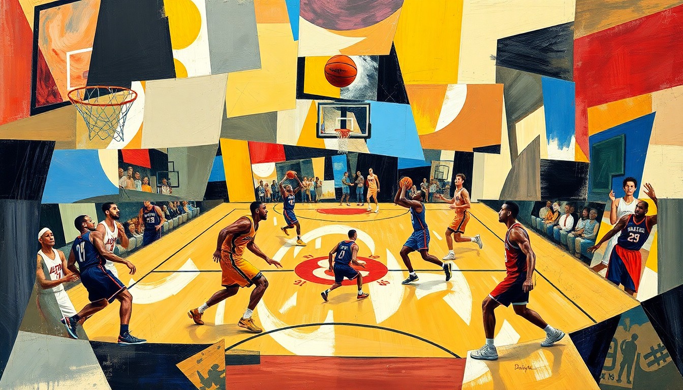 A cubist, geometric painting depicting a basketball game or match, with the players' forms broken down into abstract shapes and colors, conveying the dynamic energy and shifting perspectives of the sport.