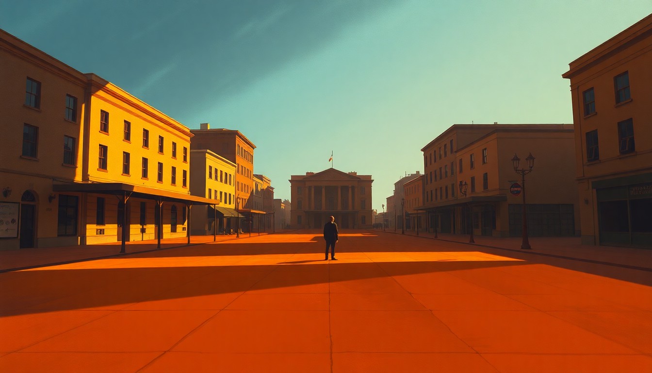 A serene, cinematic painting depicting an empty town square or civic plaza, with a single citizen standing alone in the center, bathed in warm, diagonal sunlight and deep shadows, conveying a sense of quiet contemplation and the individual's role in civic renewal.