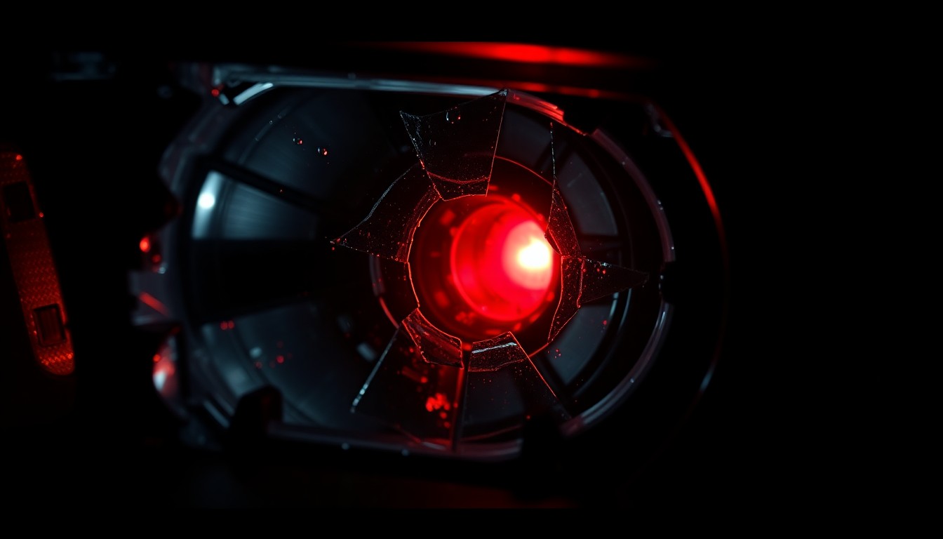 An extreme close-up photograph of a shattered car sensor lens reflecting a faint red light, conceptually illustrating the aftermath of a DUI crash.