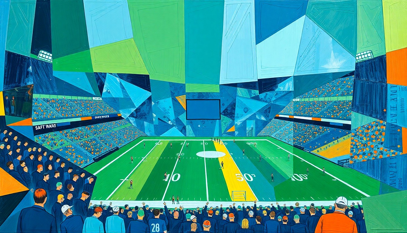 A cubist, geometric painting depicting a fragmented football game scene, with sharp, overlapping planes of blue, green, and orange shapes representing the players and field.