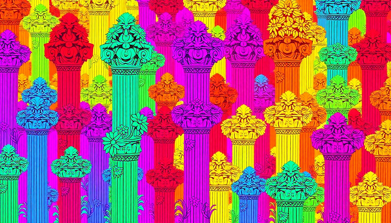 A high-contrast, silkscreen-style illustration featuring a repeating pattern of a wooden garden post sculpture adorned with carved flowers and leaves in a bold, neon color palette, capturing the joyful and whimsical nature of the public art installation.