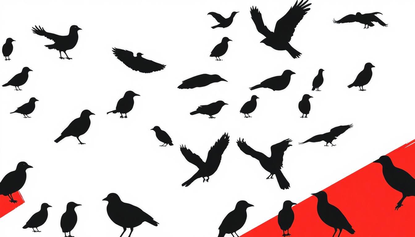 An abstract, minimalist illustration featuring sharp black silhouettes of different bird species arranged in a striking geometric pattern, using bold splashes of red and white to create a visually compelling conceptual representation of the museum's new digital exhibition.