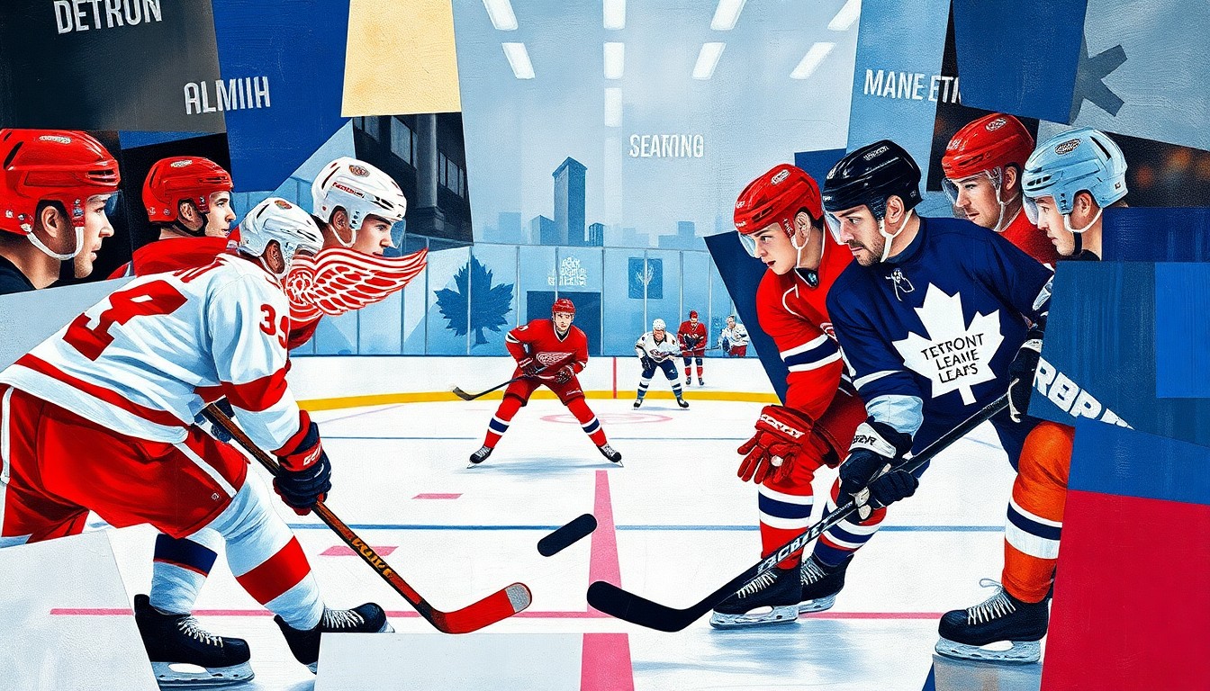 A cubist, geometric painting depicting an abstracted hockey game between two teams of players, their forms broken down into overlapping planes of color and shape.