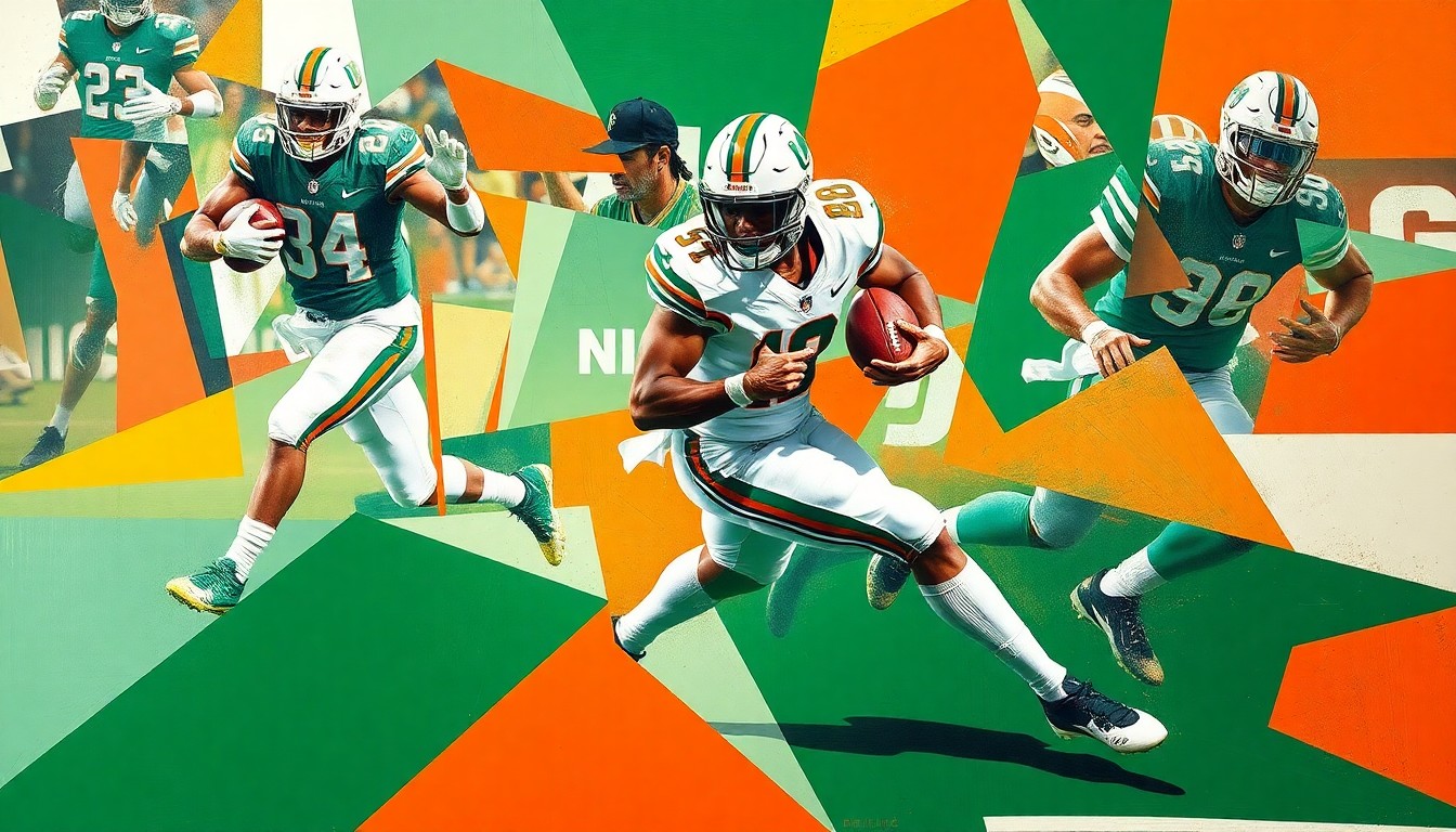 A fragmented, geometric painting depicting a football player in motion, with sharp planes of color representing the multifaceted nature of evaluating a prospect's draft stock beyond just on-field performance.