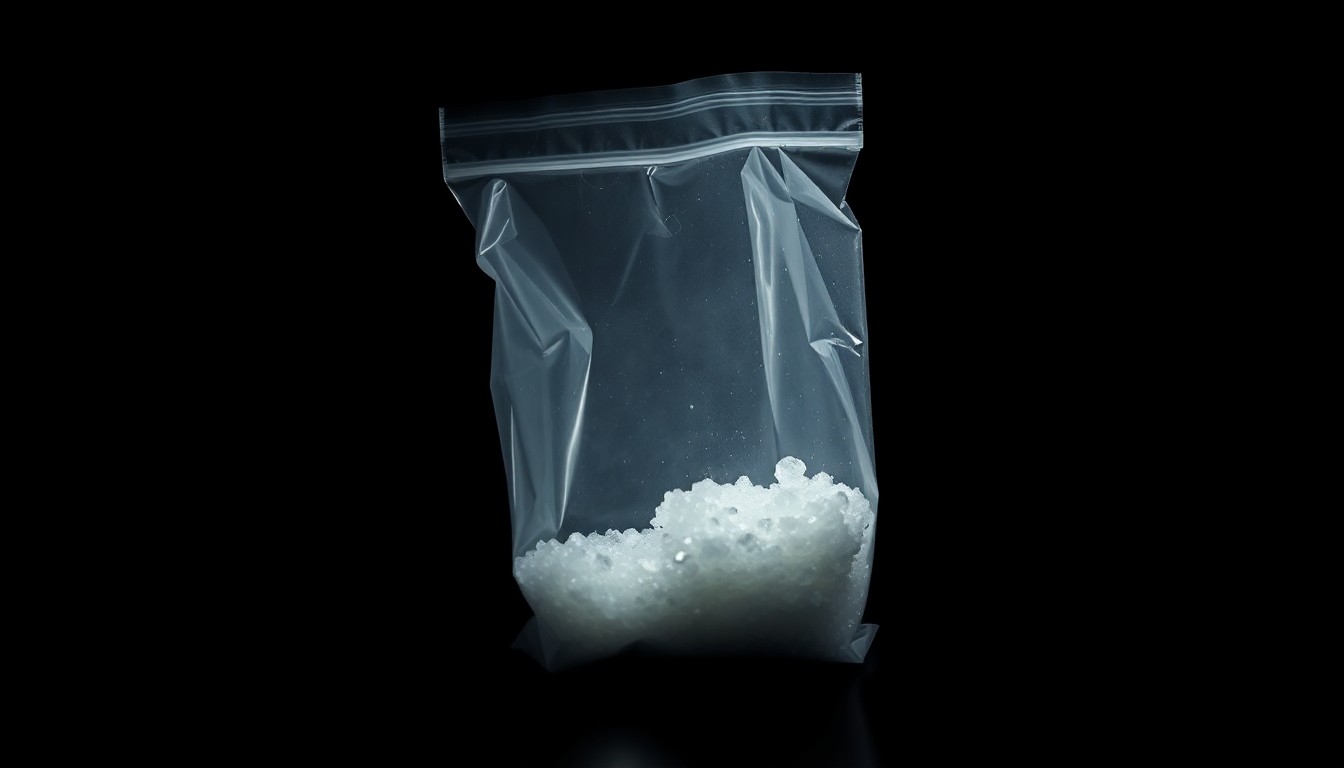 An extreme close-up photograph of a clear plastic bag containing a crystalline substance, lit by a harsh, direct camera flash against a pitch-black background, creating a stark, gritty, investigative aesthetic.