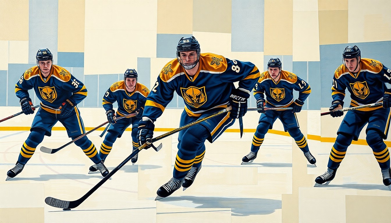 A cubist, geometric painting depicting the chaotic energy and movement of a hockey player on the ice, with sharp, overlapping planes of navy blue and gold representing the Heartlanders' team colors.