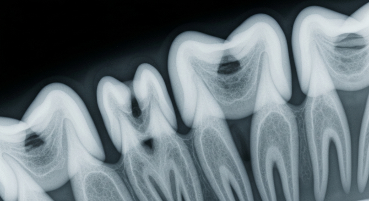 An extreme close-up X-ray photograph of a human tooth, revealing the intricate internal structure and highlighting the importance of fluoride for dental health.