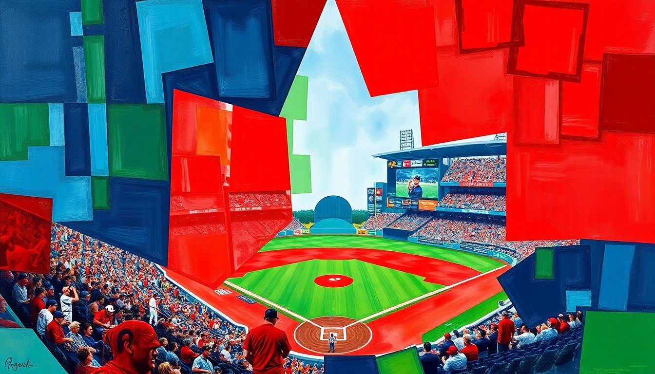 A fragmented, cubist-style painting depicting a baseball game between the Boston Red Sox and Minnesota Twins, with sharp, overlapping geometric shapes in vibrant colors representing the dynamic action on the field.