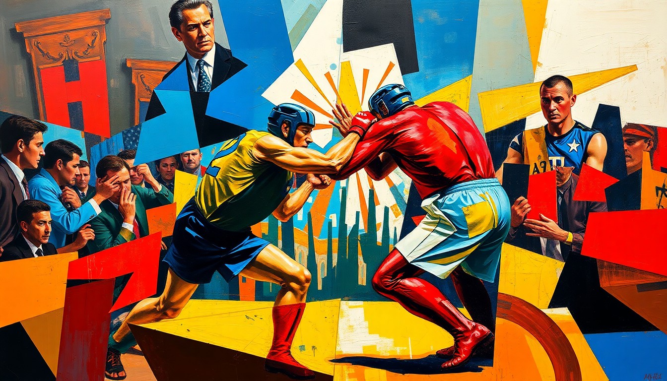 A fractured, cubist-style painting depicting the intense grappling and striking action of the Pico vs. Freire fight, with sharp geometric planes in vibrant colors capturing the dynamic movement and energy of the matchup.
