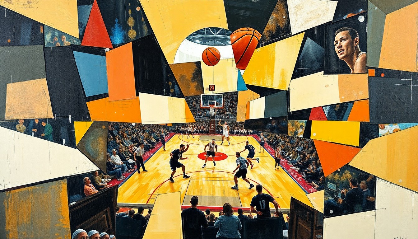 A cubist, geometric painting depicting a basketball game or match, with the players and court broken down into sharp, overlapping shapes and planes of color, capturing the dynamic energy of the sport.