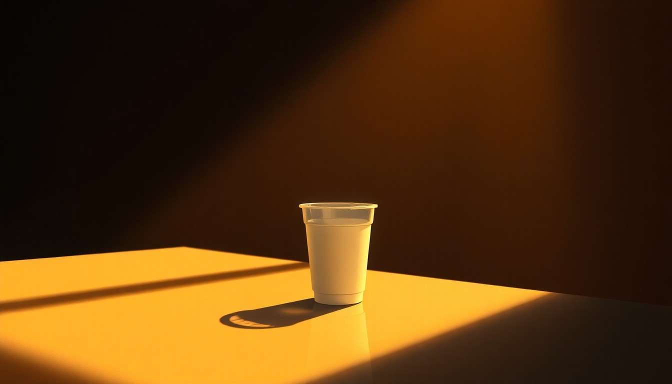 A close-up painting of a solitary red plastic cup sitting on a table, with warm sunlight casting dramatic shadows across the scene, conceptually representing the hypocrisy of a politician's environmental stance.