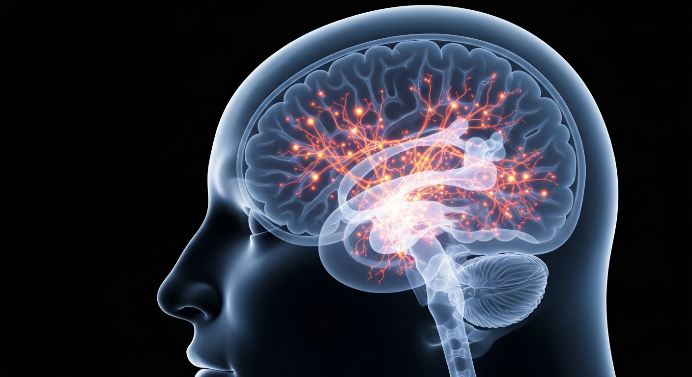 A highly detailed, translucent X-ray image of the human brain, with glowing neural pathways and structures, conceptually representing the neurological changes associated with electroacupuncture treatment for breast cancer survivors.
