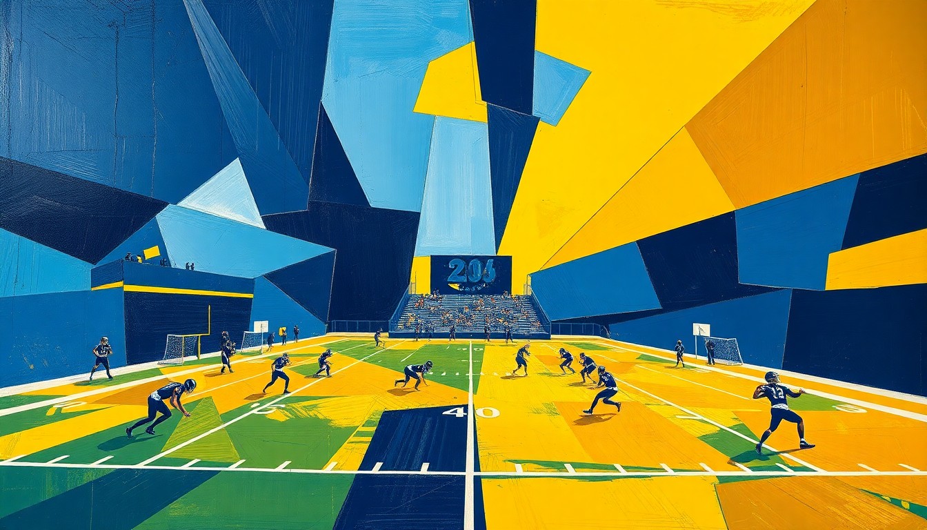 A fragmented, geometric painting in navy blue and gold hues, capturing the dynamic motion and energy of a high school football game in an abstract, deconstructed style.