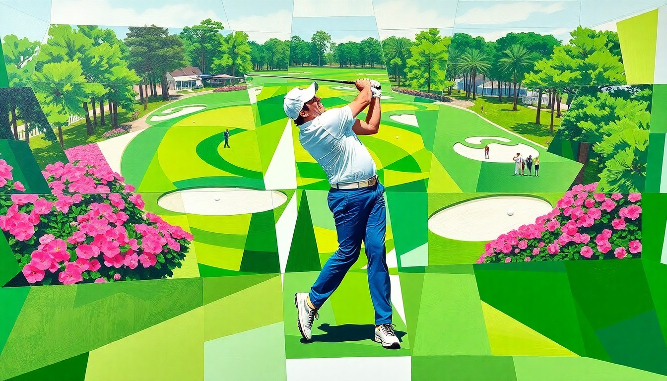 A fractured, cubist-style painting depicting Rory McIlroy's golf swing and victory celebration at the Masters, with sharp geometric planes in vibrant greens, whites, and blues representing the lush Augusta National course.