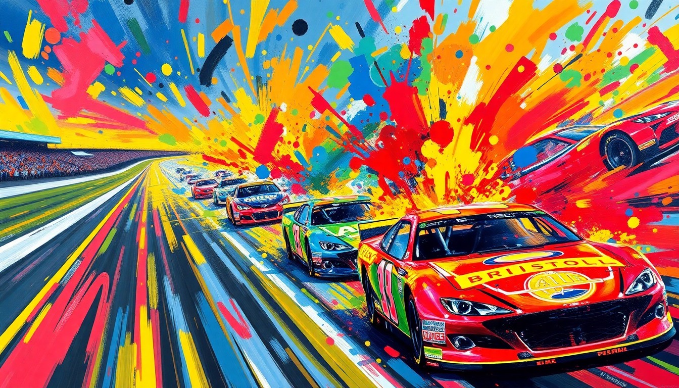 An abstract, expressionist painting in vibrant neon colors, with rapid brushstrokes conveying the intense motion and excitement of a NASCAR race.