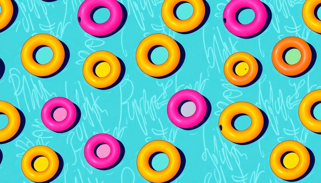 A bold, graphic silkscreen illustration featuring a repeated pattern of a colorful pool float or splash pad water feature, rendered in a high-contrast pop art style with flat, neon-like colors and heavy black outlines.