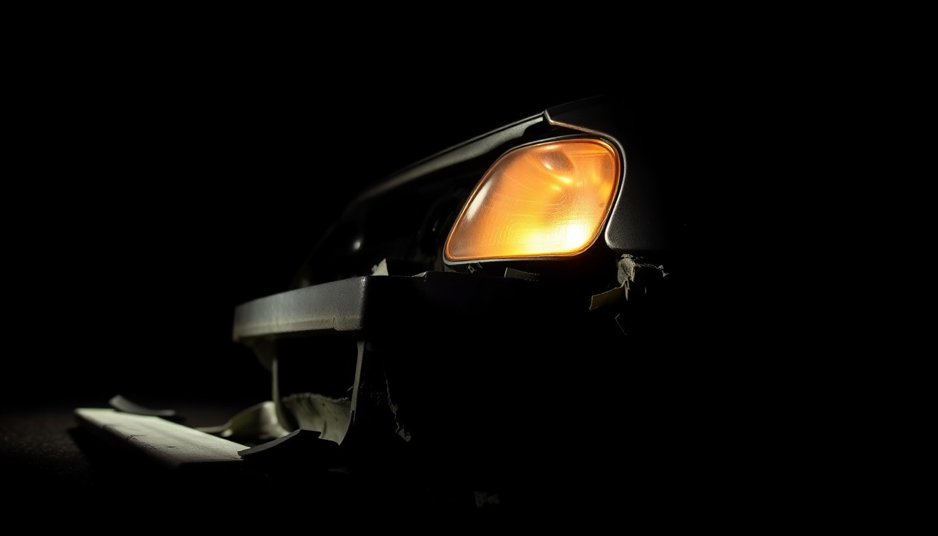 An extreme close-up photograph of a damaged car part or piece of evidence from the crash site, capturing the stark, gritty, and investigative nature of the incident.