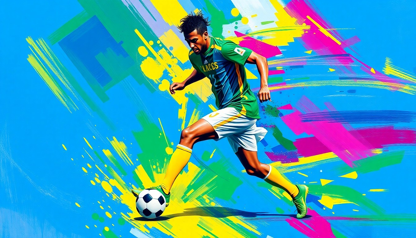 An abstract painting in vibrant neon blues, greens, and yellows, depicting the dynamic motion of a Cape Verde soccer player dribbling a ball. The player's form is dissolved into expressive brushstrokes, with the triangular pattern from the jersey design echoing throughout the composition.
