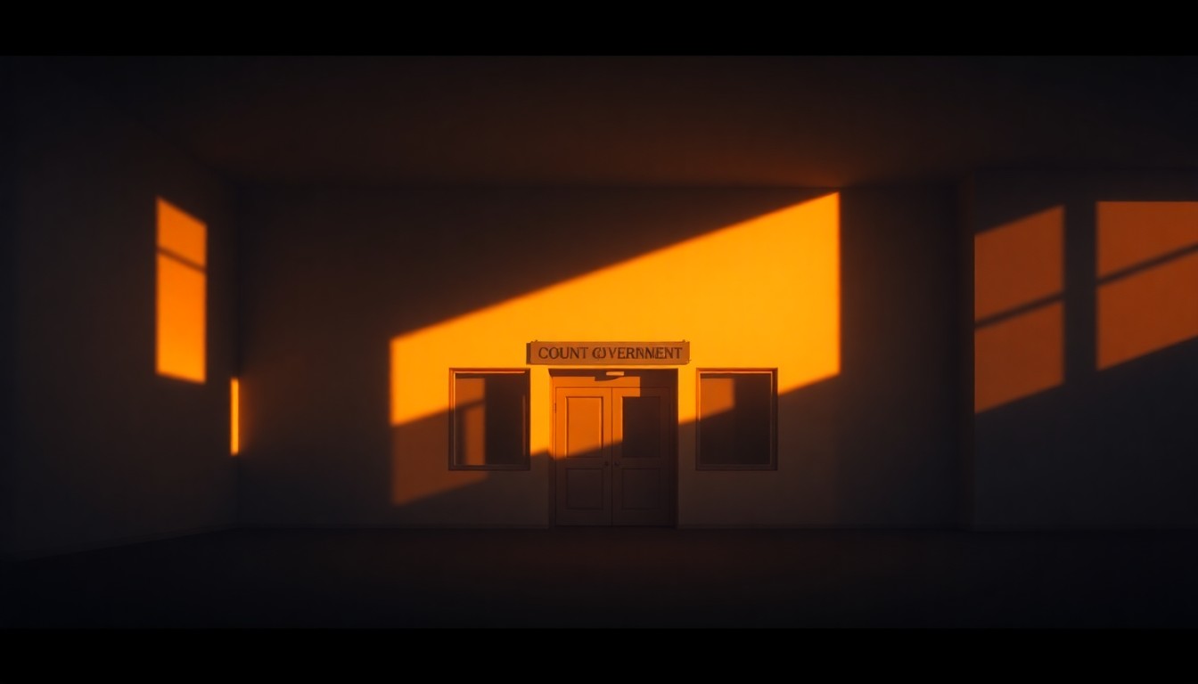 A serene, cinematic painting of a county government building or office space, with warm sunlight streaming through the windows and deep shadows casting across the scene, capturing the quiet tension of a local political race.