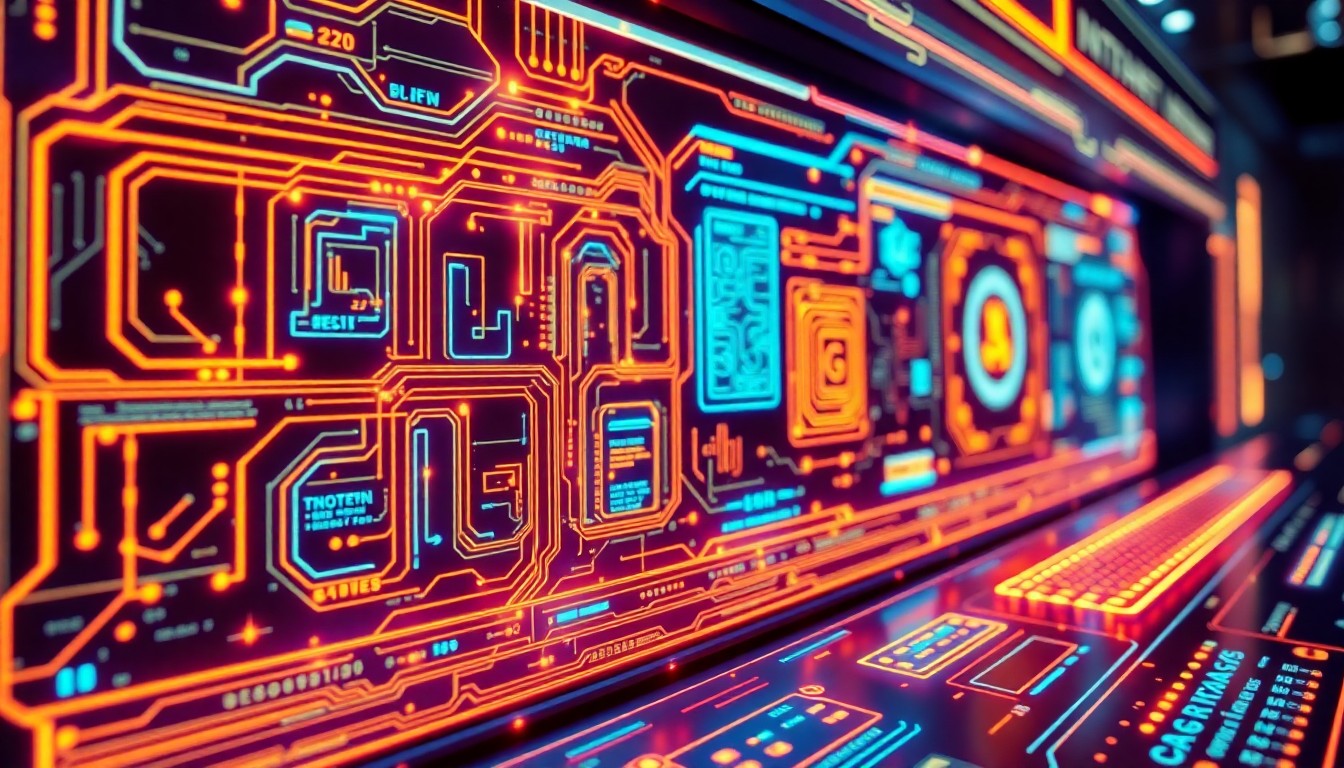 A highly detailed, glowing 3D macro illustration of a futuristic, neon-lit cybersecurity control panel with pulsing data streams, abstract circuit boards, and holographic user interfaces, conceptually representing the complex technical infrastructure underlying modern financial fraud.