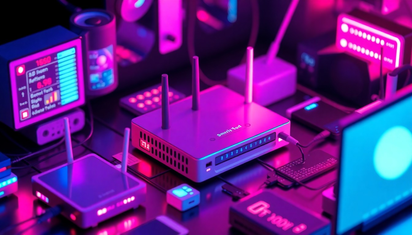 A highly detailed, glowing 3D illustration of a smart home network infrastructure, with routers, modems, and IoT devices illuminated by vibrant neon lights, conceptually representing the growing cybersecurity risks facing consumer technology.