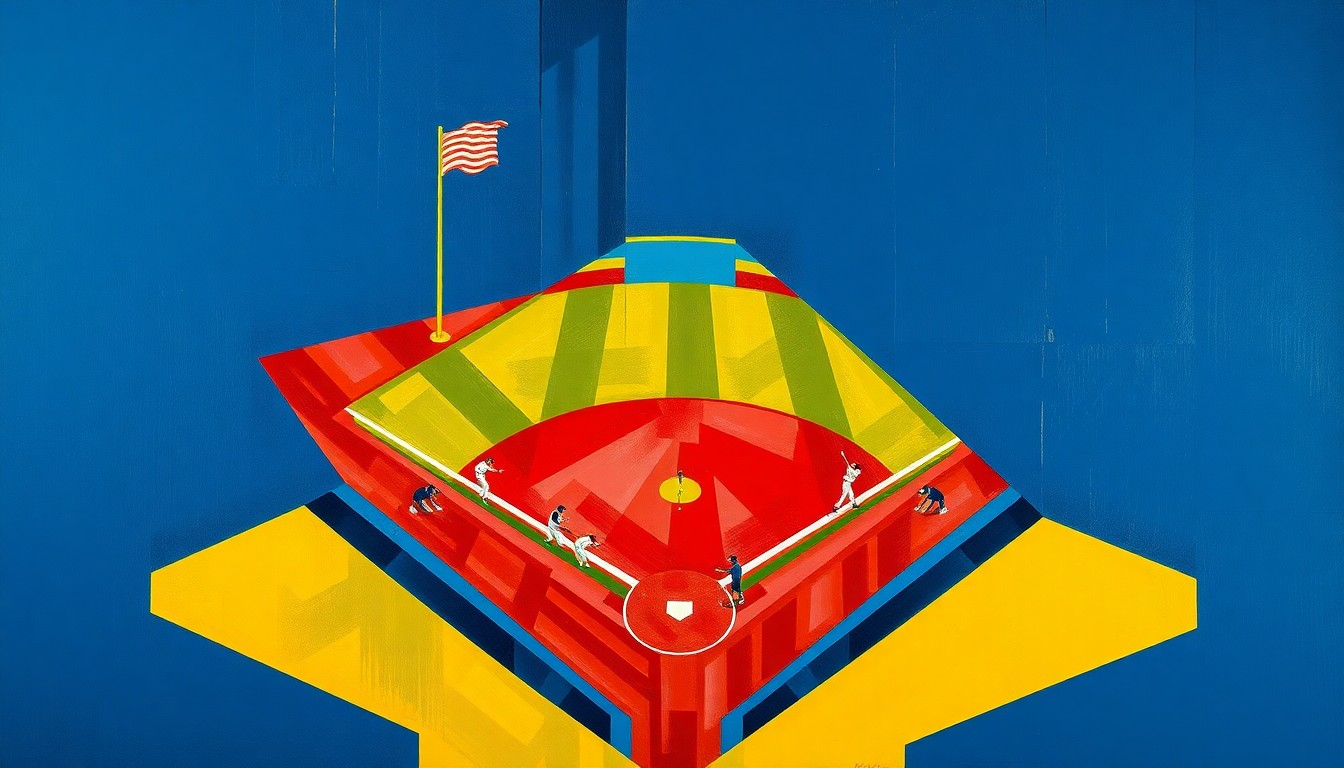 A cubist, geometric painting depicting a fragmented baseball diamond and players, with sharp overlapping planes in a bold color palette, conceptually representing the competitive balance across the league.