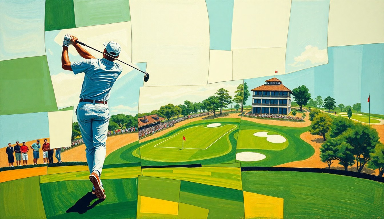 A cubist, geometric painting depicting a golfer's swing and the Augusta National grounds broken down into overlapping planes of green, tan, and blue, conveying the complex interplay between player performance and course design.