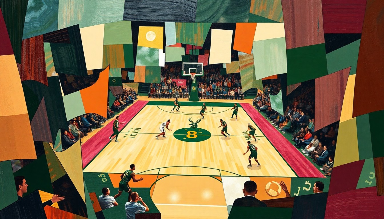 A cubist, geometric painting featuring overlapping planes of forest green, cream, and burgundy, conceptually representing the complex process of finding the right head coach for the Milwaukee Bucks.