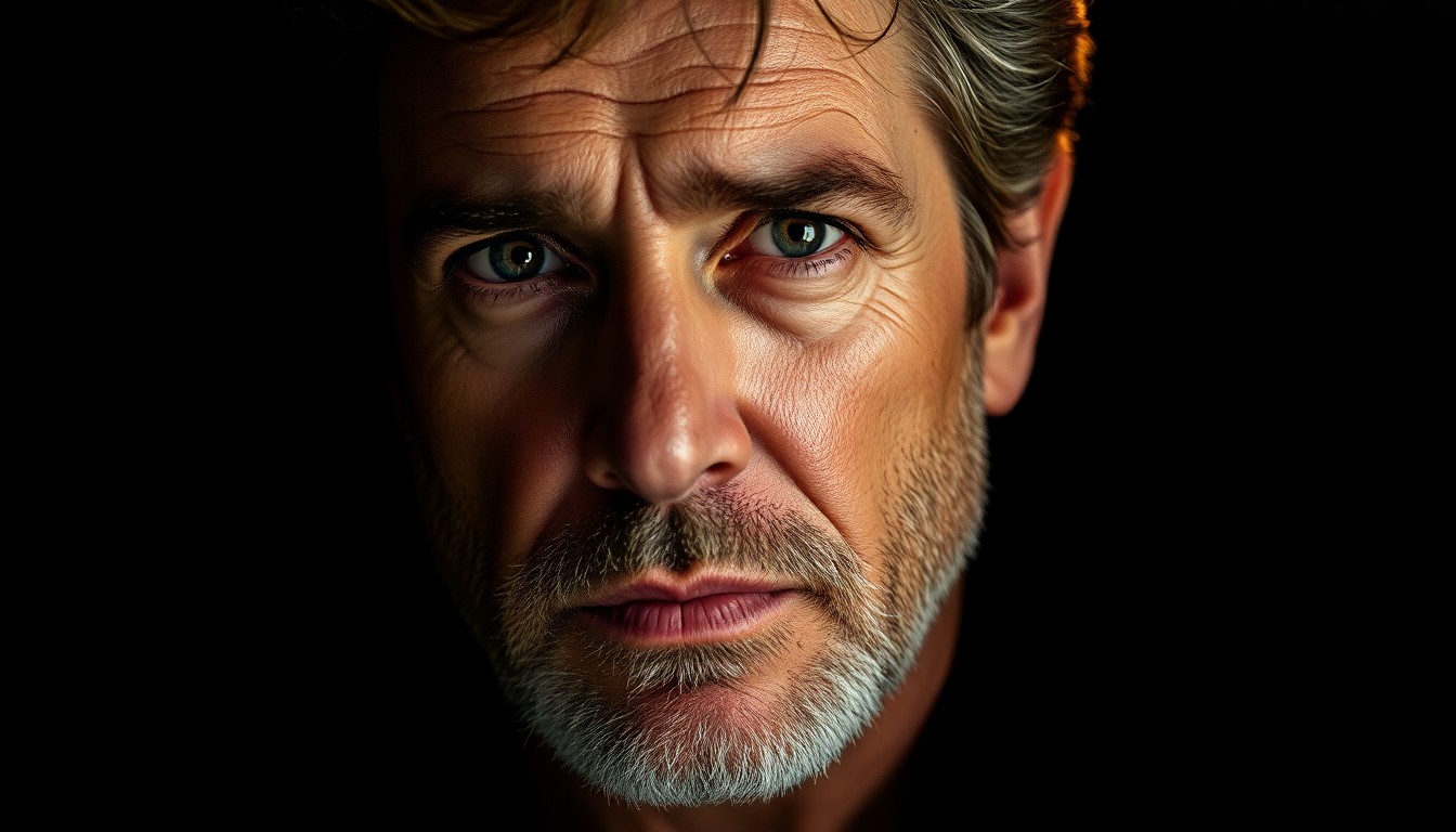 An extreme close-up of Michael Dudikoff's weathered but handsome face, captured in dramatic studio lighting to highlight his rugged, masculine features and timeless Hollywood appeal.