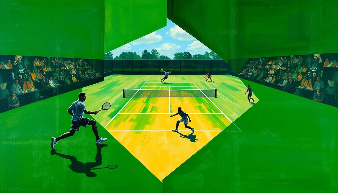 A fragmented, geometric painting depicting the dynamic motion and energy of a men's tennis match, with overlapping planes of green court, white balls, and shadowy player forms.