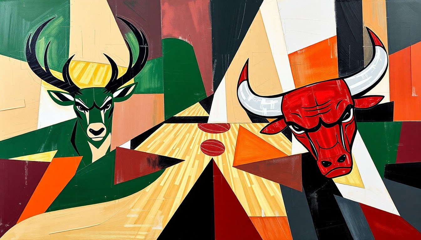 A fragmented, cubist-style painting depicting the chaotic energy of a basketball game, with sharp geometric shapes and planes in the colors of the Milwaukee Bucks and Chicago Bulls clashing and overlapping, conveying the uncertainty and transition surrounding the Bucks organization.